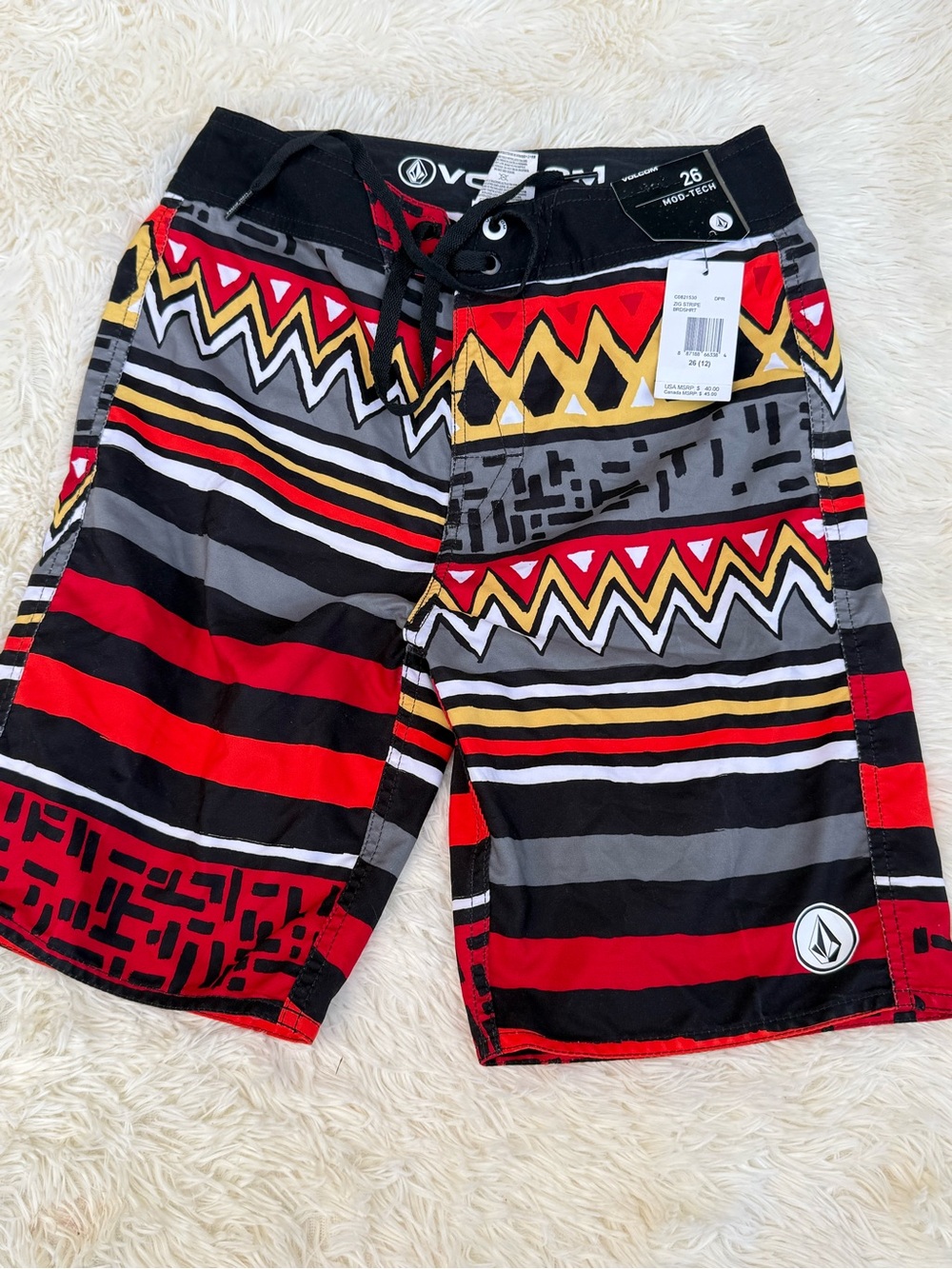 Volcom Kids Red Black Gray Yellow Patterned Swim Board Shorts